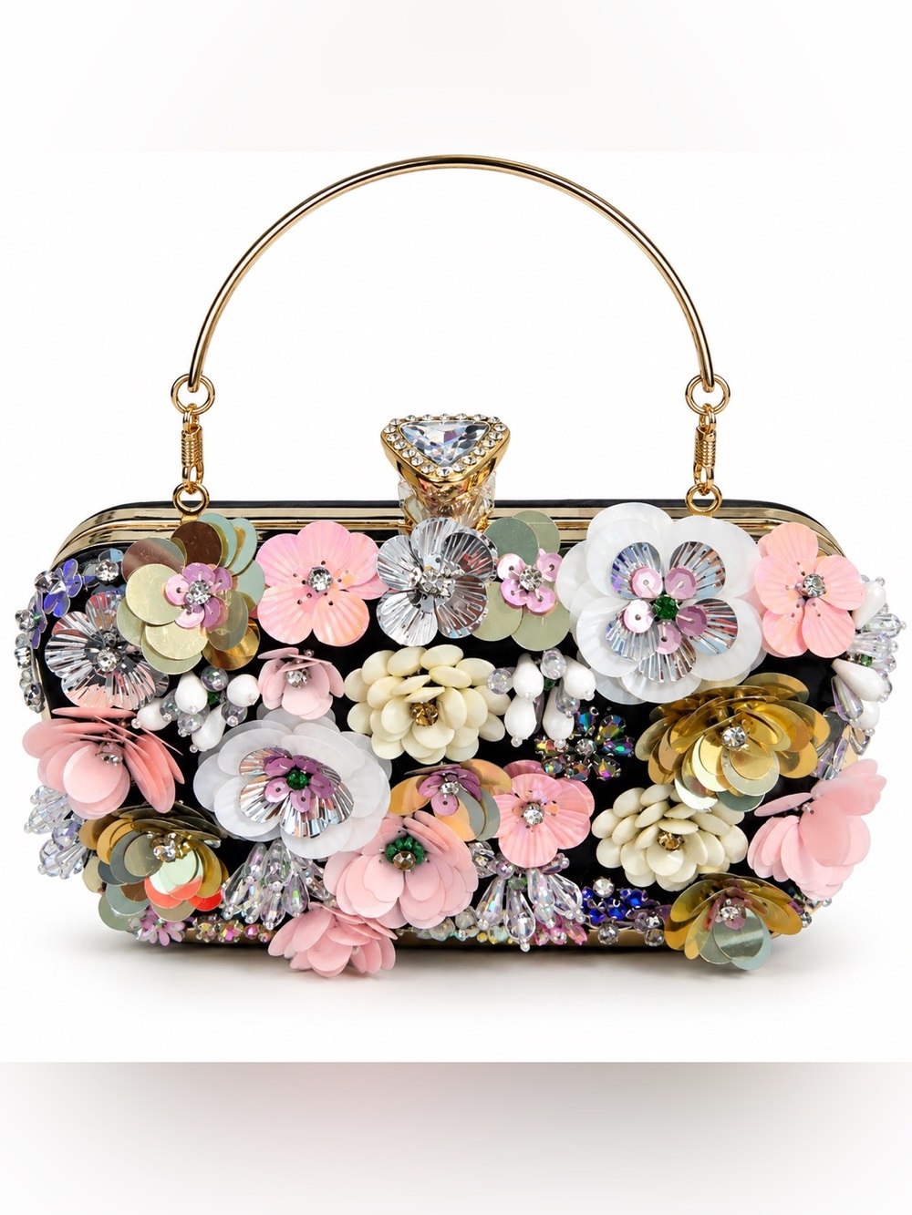 Floral Sequin Beaded Evening Clutch Crystal Kiss Lock Handbag 7” x 4”